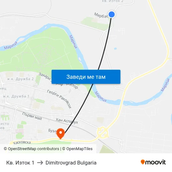 Кв. Изток 1 to Dimitrovgrad Bulgaria map
