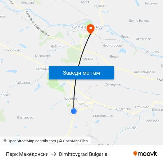 Парк Македонски to Dimitrovgrad Bulgaria map