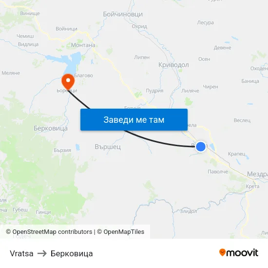 Vratsa to Берковица map