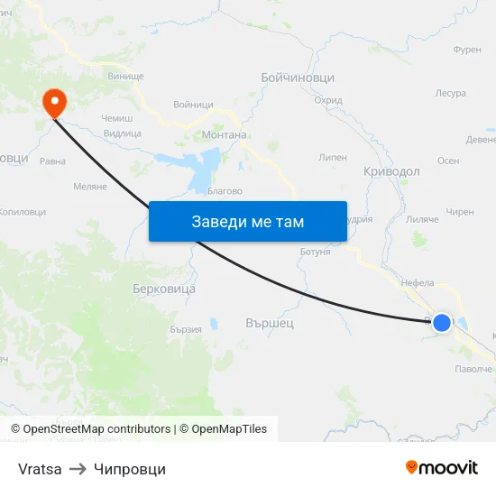 Vratsa to Чипровци map