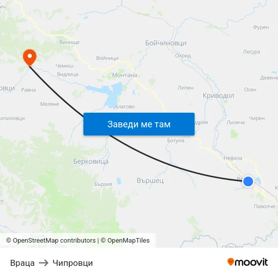 Враца to Чипровци map