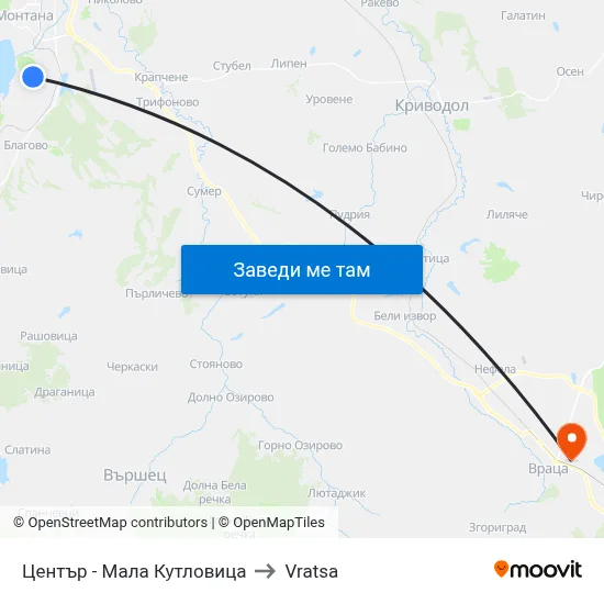 Център - Мала Кутловица to Vratsa map