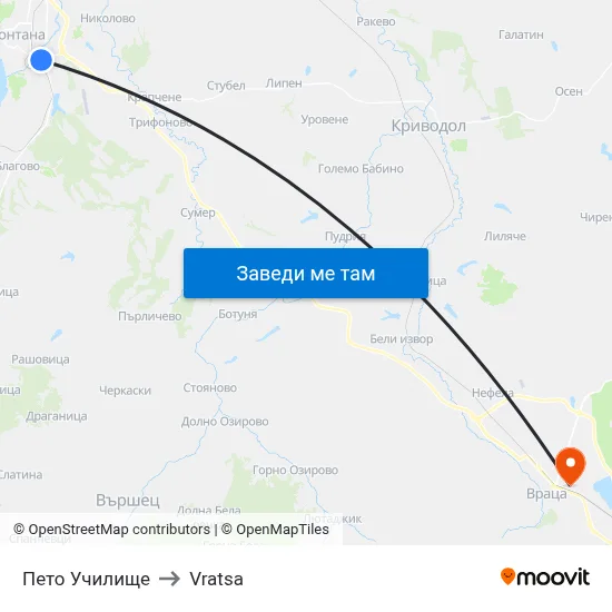 Пето Училище to Vratsa map