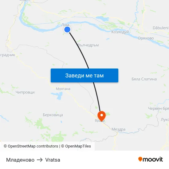 Младеново to Vratsa map