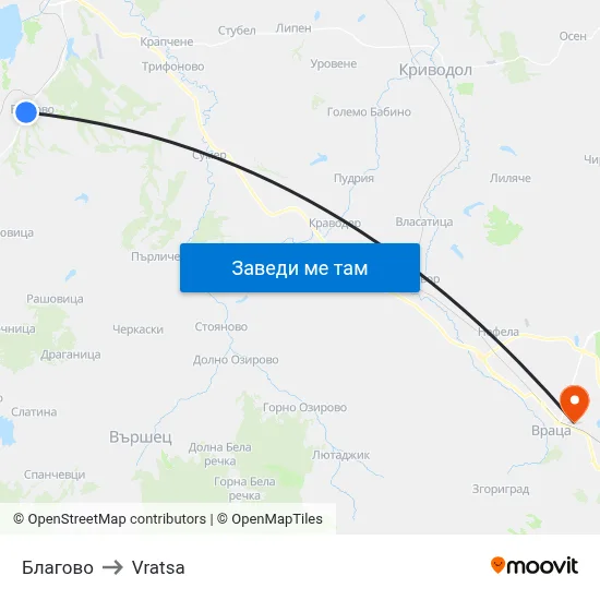 Благово to Vratsa map