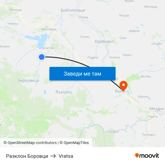 Разклон Боровци to Vratsa map