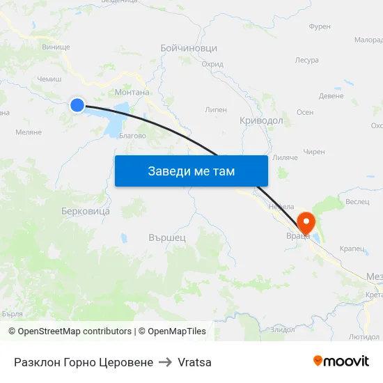 Разклон Горно Церовене to Vratsa map
