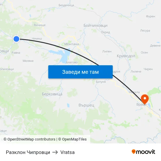 Разклон Чипровци to Vratsa map