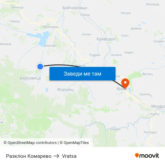 Разклон Комарево to Vratsa map