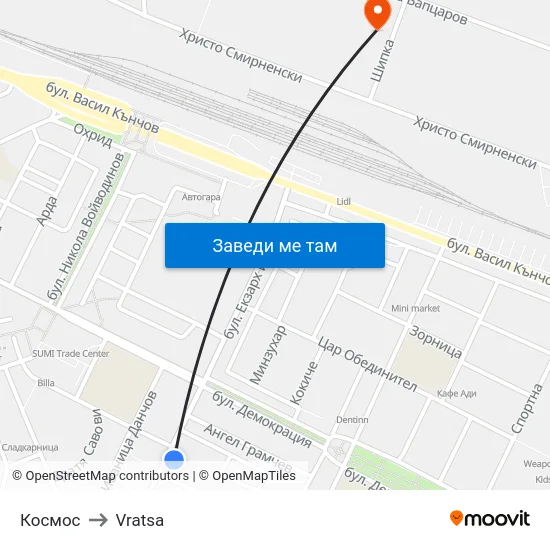 Космос to Vratsa map