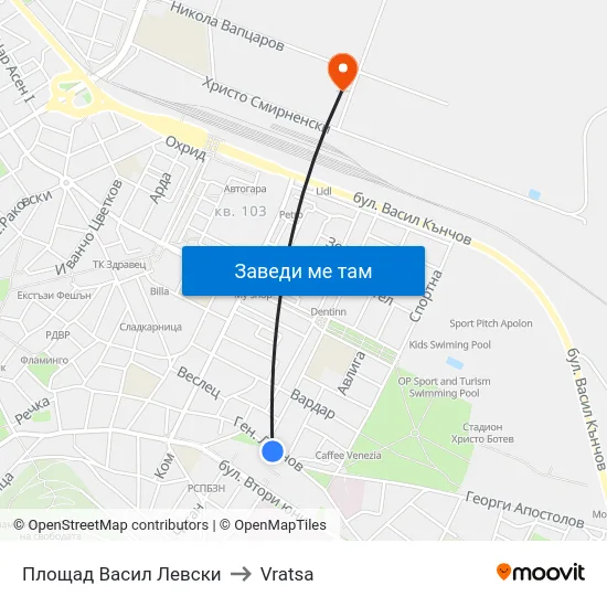 Площад Васил Левски to Vratsa map