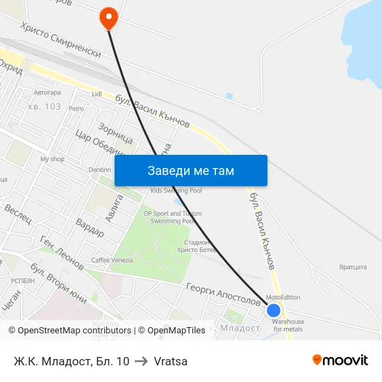 Ж.К. Младост, Бл. 10 to Vratsa map