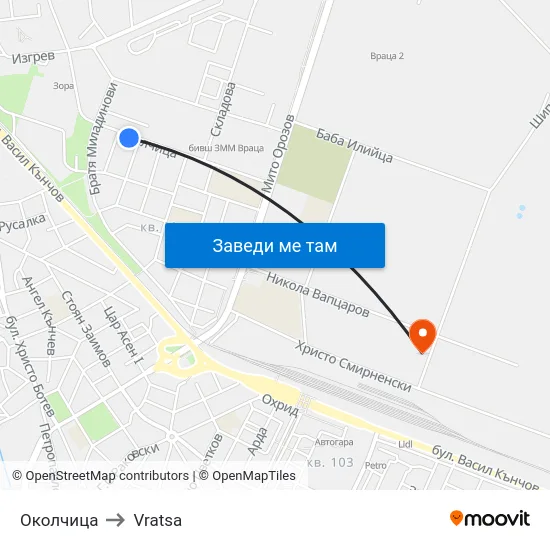 Околчица to Vratsa map