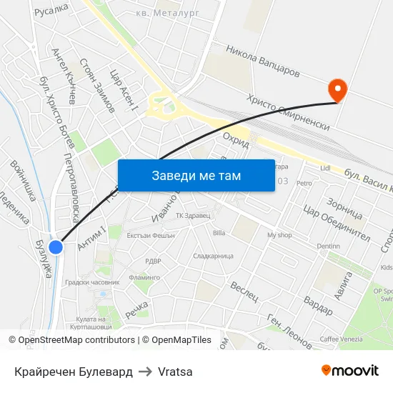 Крайречен Булевард to Vratsa map