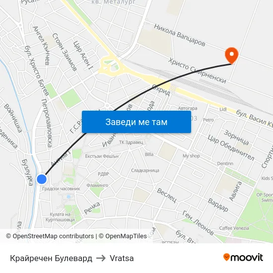 Крайречен Булевард to Vratsa map