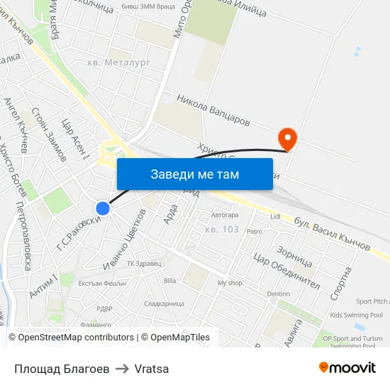 Площад Благоев to Vratsa map