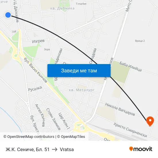 Ж.К. Сениче, Бл. 51 to Vratsa map
