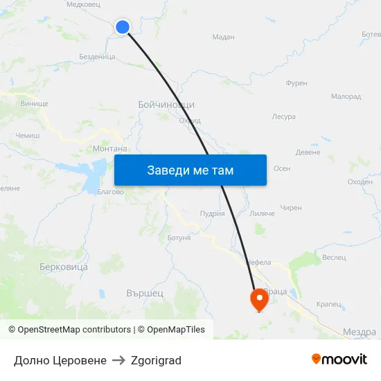 Долно Церовене to Zgorigrad map