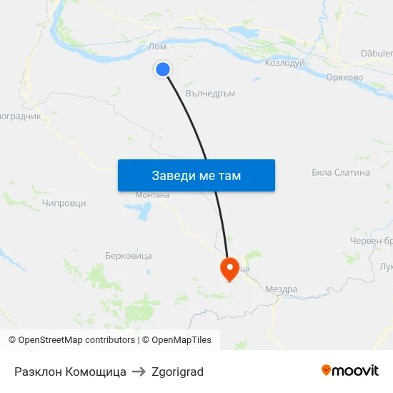 Разклон Комощица to Zgorigrad map