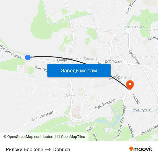 Рилски Блокове to Dobrich map