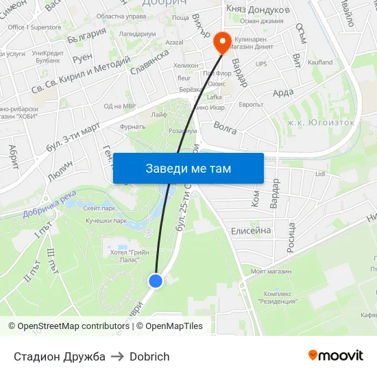 Стадион Дружба to Dobrich map