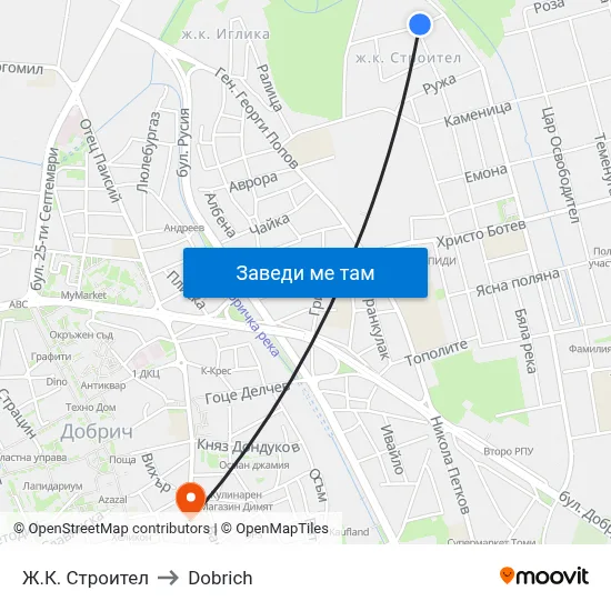 Ж.К. Строител to Dobrich map