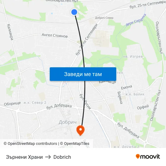 Зърнени Храни to Dobrich map