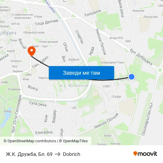 Ж.К. Дружба, Бл. 69 to Dobrich map