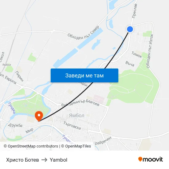 Христо Ботев to Yambol map