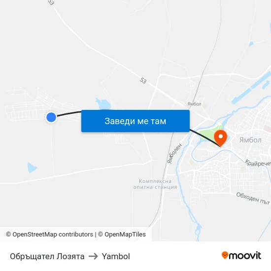 Обръщател Лозята to Yambol map
