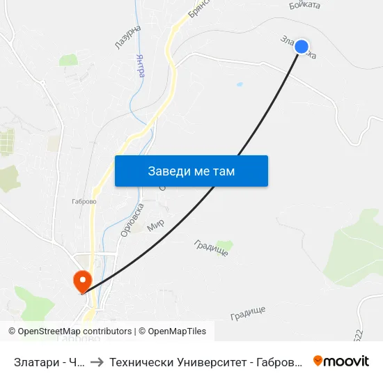 Златари - Читалище to Технически Университет - Габрово - Ректорат (Корпус 3) map