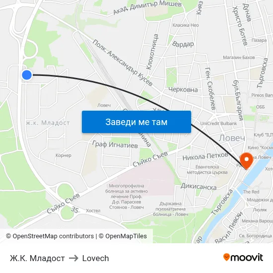 Ж.К. Младост to Lovech map