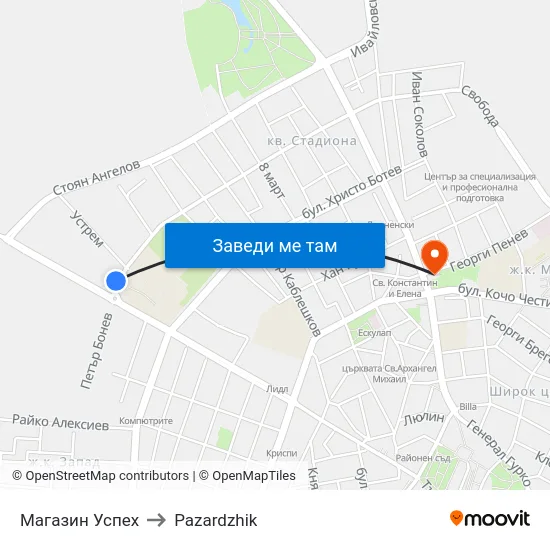 Магазин Успех to Pazardzhik map