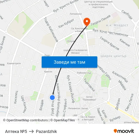 Аптека №5 to Pazardzhik map