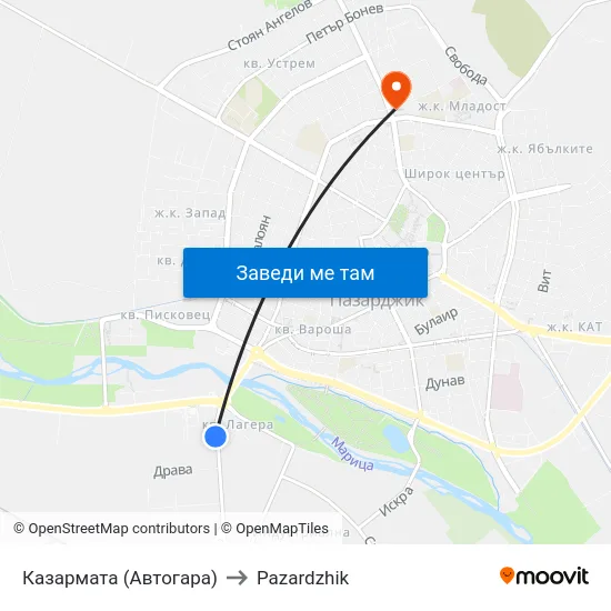 Казармата (Автогара) to Pazardzhik map