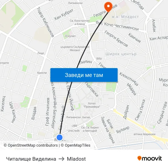 Читалище Виделина to Mladost map
