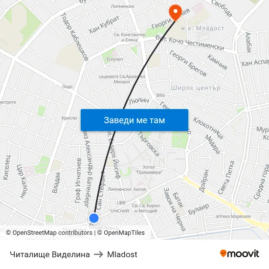 Читалище Виделина to Mladost map