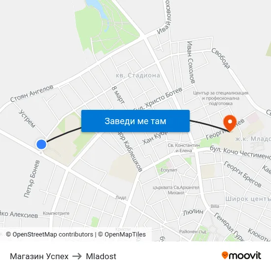 Магазин Успех to Mladost map