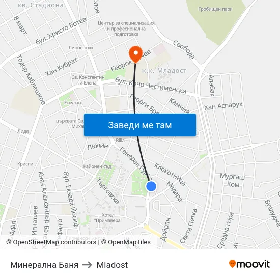 Минерална Баня to Mladost map