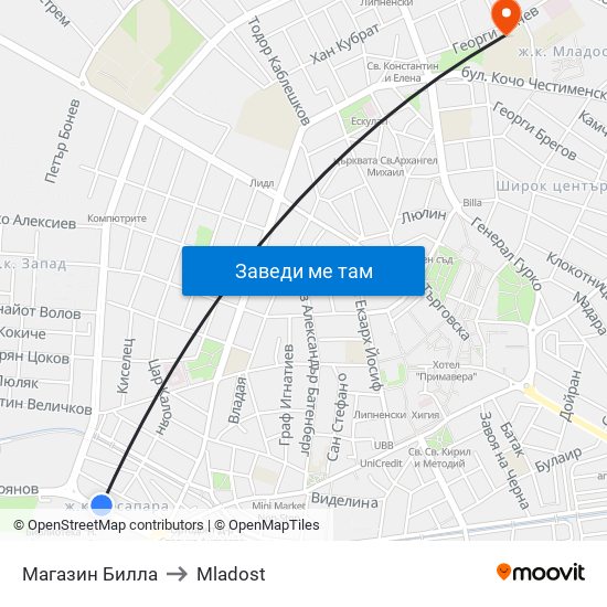 Магазин Билла to Mladost map