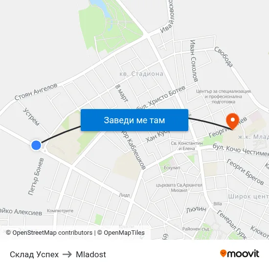 Склад Успех to Mladost map