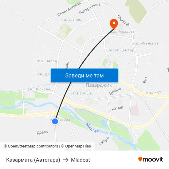 Казармата (Автогара) to Mladost map