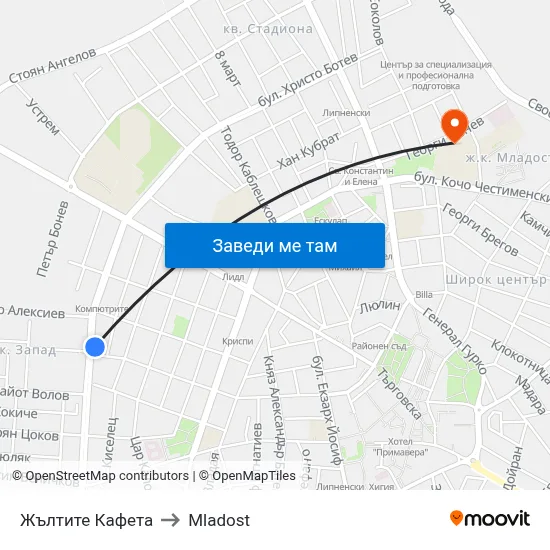Жълтите Кафета to Mladost map