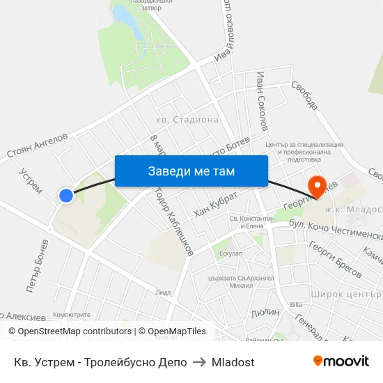 Кв. Устрем - Тролейбусно Депо to Mladost map