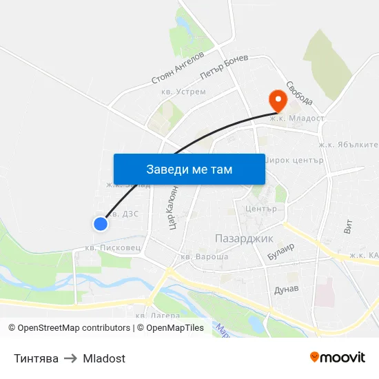 Тинтява to Mladost map