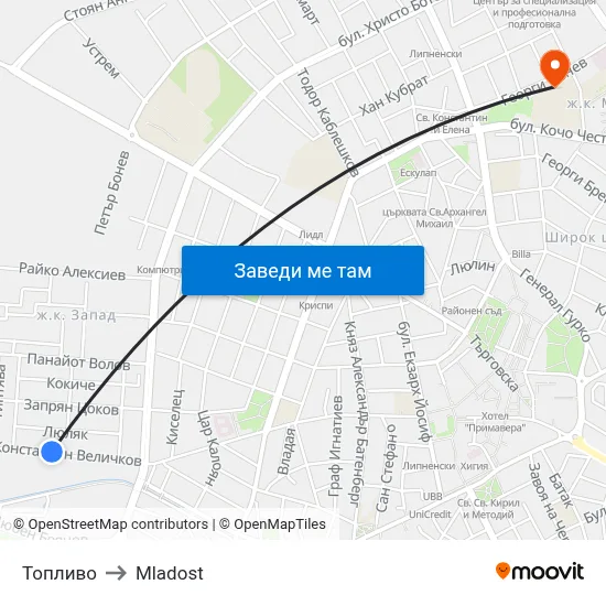 Топливо to Mladost map