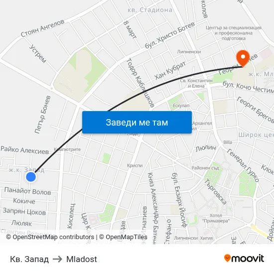 Кв. Запад to Mladost map