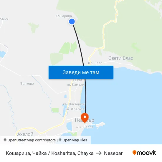 Кошарица, Чайка / Kosharitsa, Chayka to Nesebar map