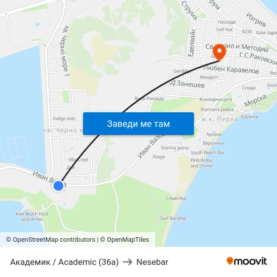 Академик / Academic (36a) to Nesebar map