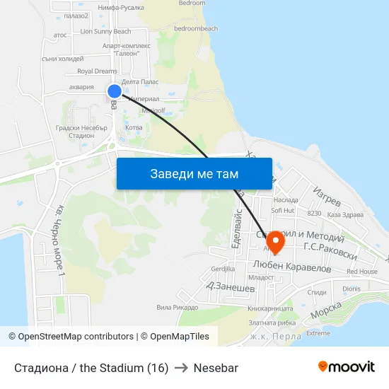 Стадиона / the Stadium (16) to Nesebar map